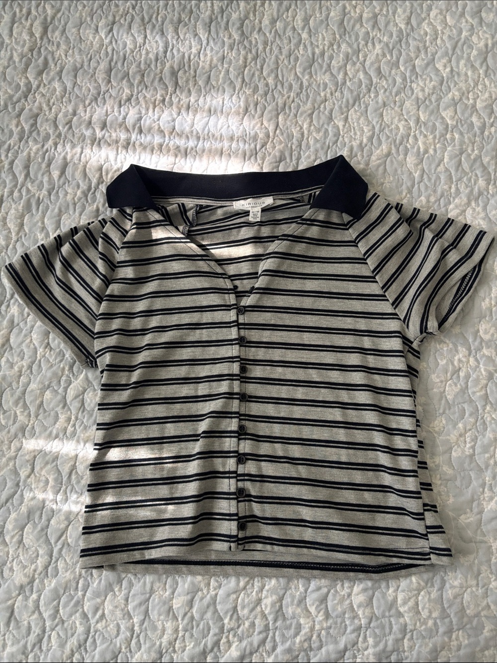 Striped Black & Cream Button-Front Polo Shirt